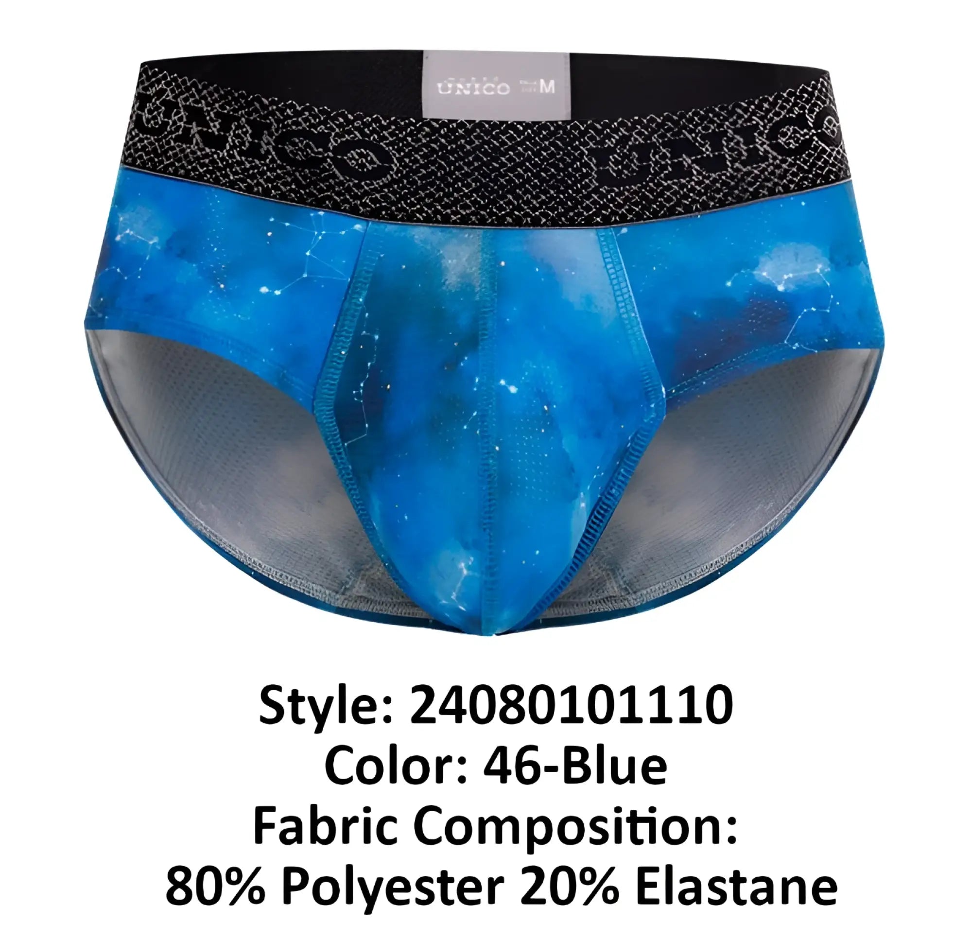 Blue galaxy-themed men’s briefs with black unico waistband in 46-blue from unico 24080101110 infinito briefs
