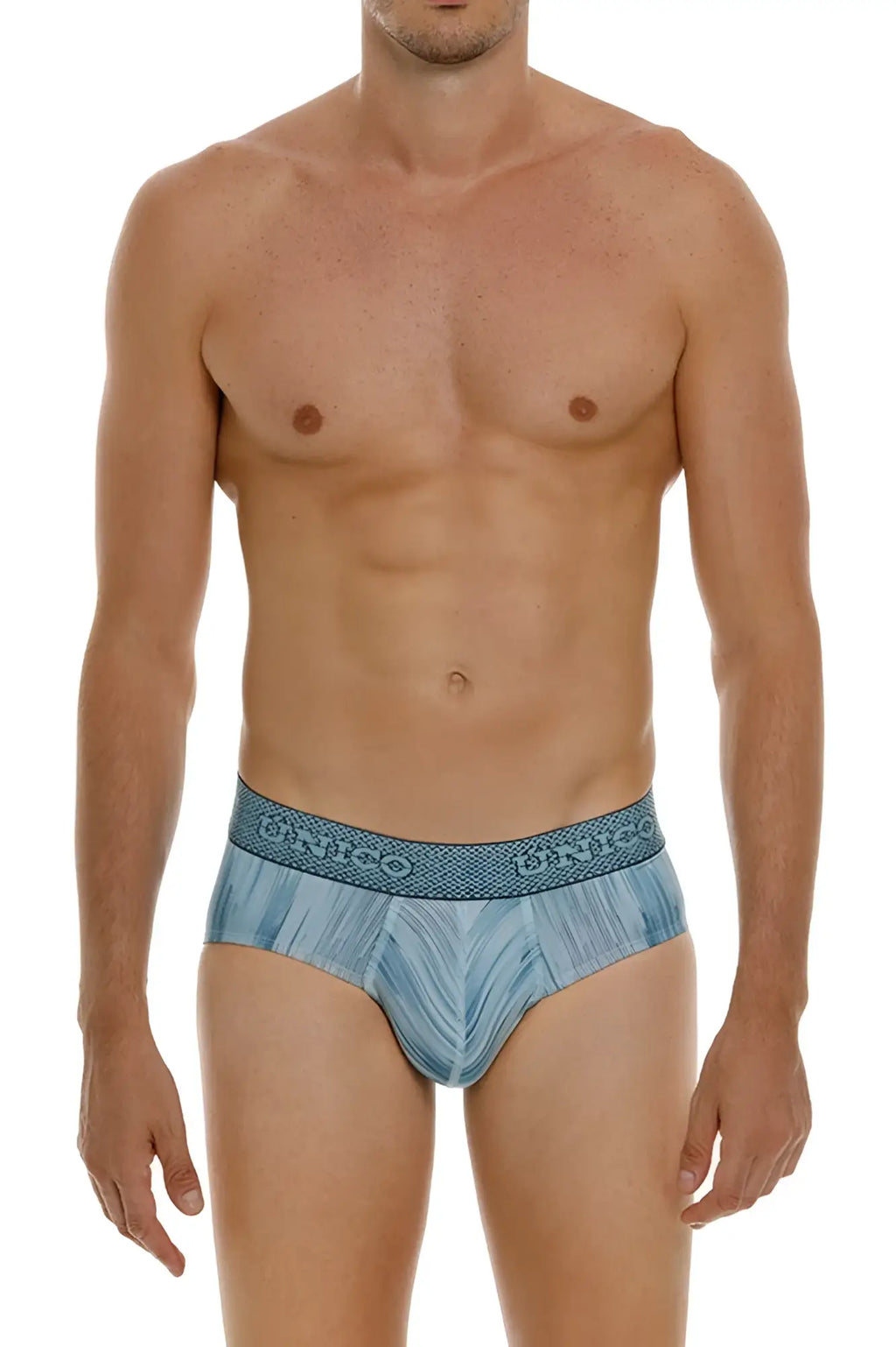 Blue patterned unico 24080101112 hilada briefs with textured dinco branded waistband in color 43-blue