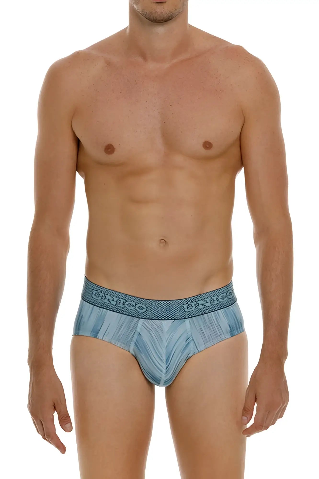Blue patterned unico 24080101112 hilada briefs with textured dinco branded waistband in color 43-blue