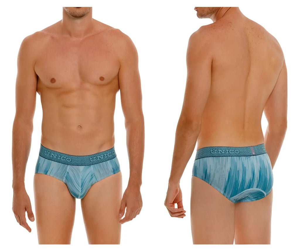 Blue patterned Unico 24080101112 Hilada men’s briefs with textured waistband and visible brand name in color 43 blue