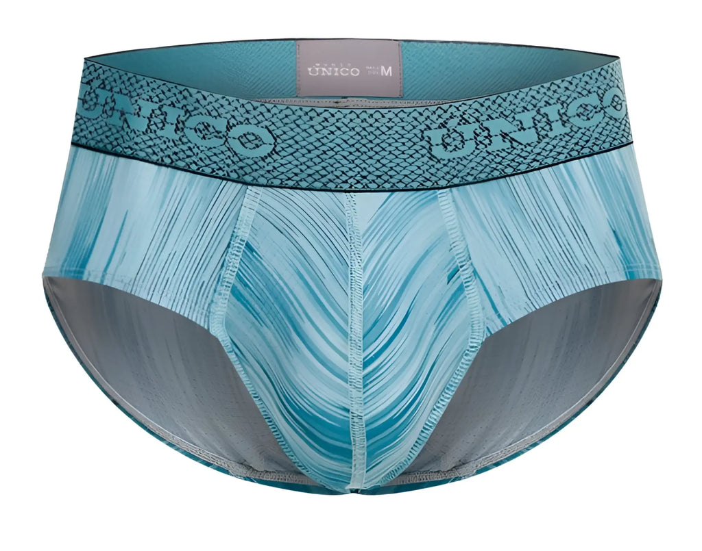 Teal and gray patterned unico 24080101112 hilada briefs with a textured waistband in blue color