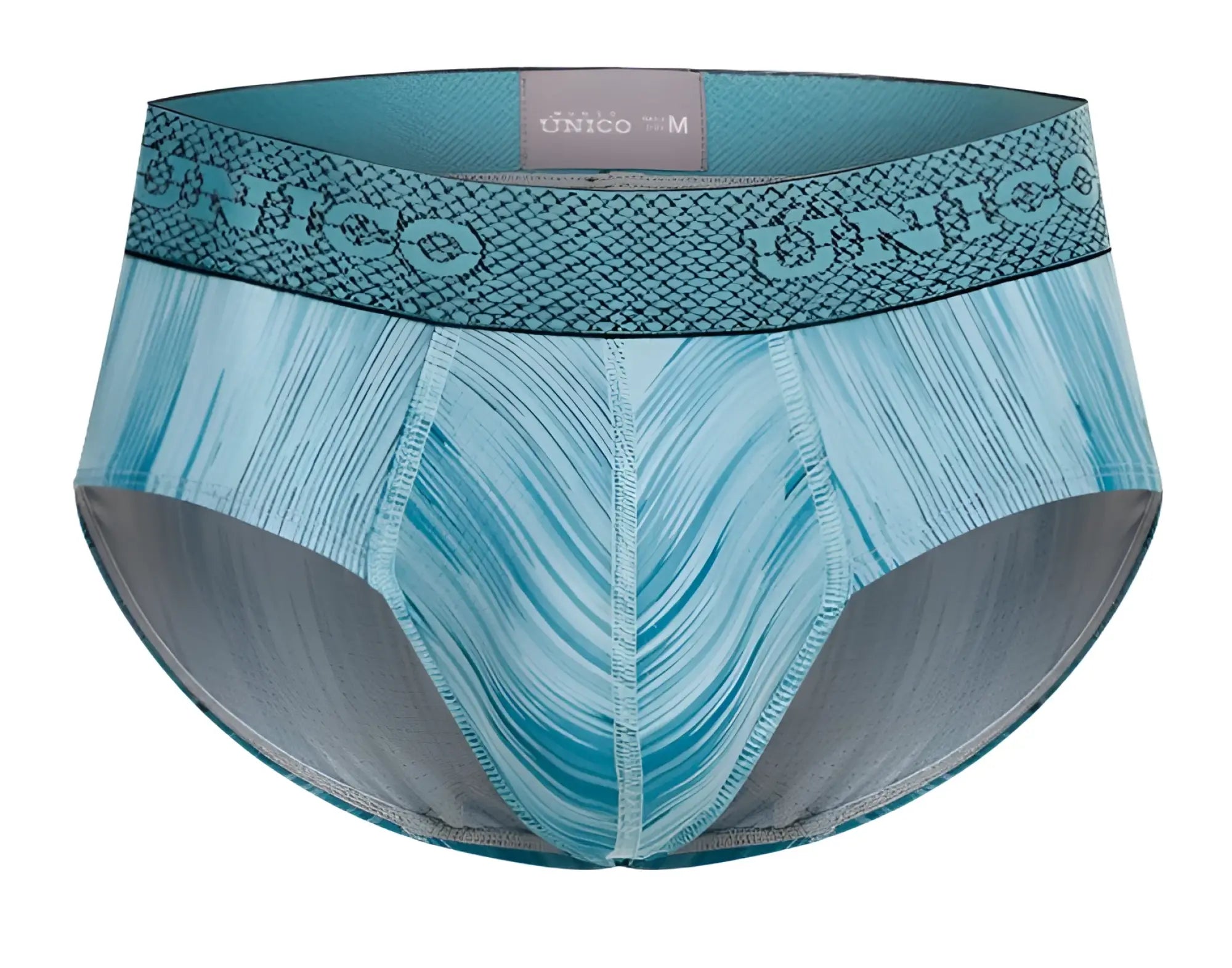 Teal and gray patterned unico 24080101112 hilada briefs with a textured waistband in blue color