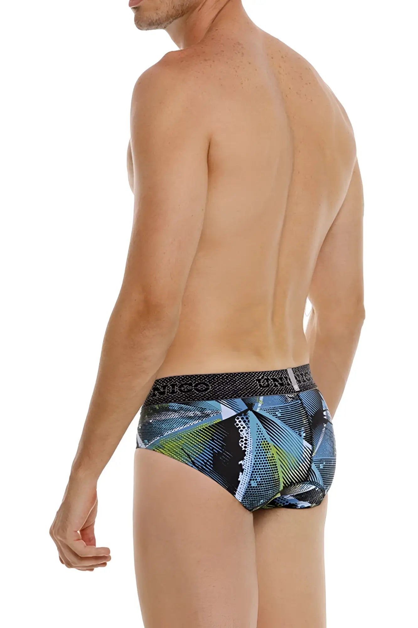 Unico 24080101117 trino briefs men’s blue and green geometric patterned briefs with black waistband and brand name