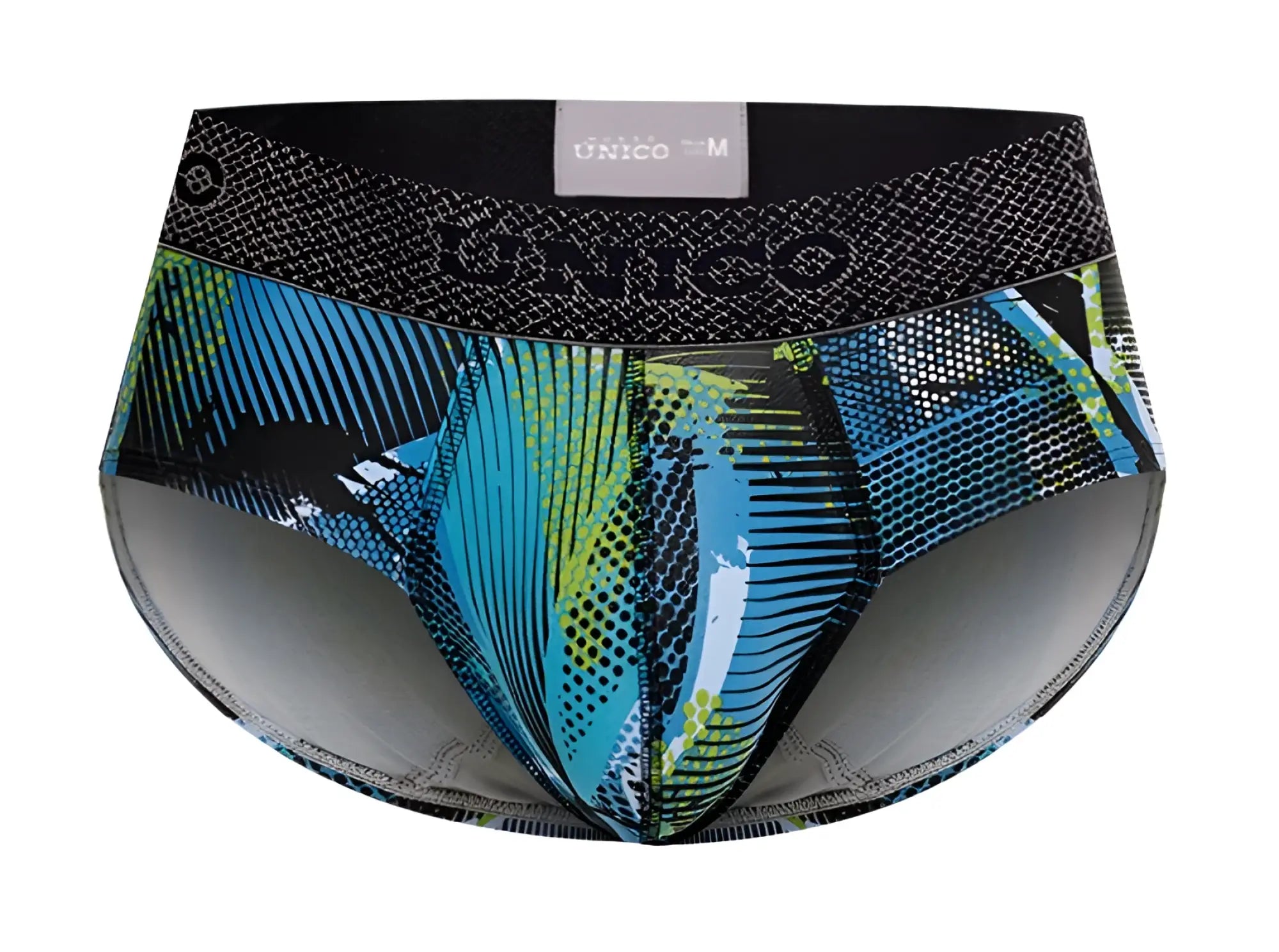 Unico 24080101117 trino briefs in blue and green patterned fabric with black waistband featuring unico logo