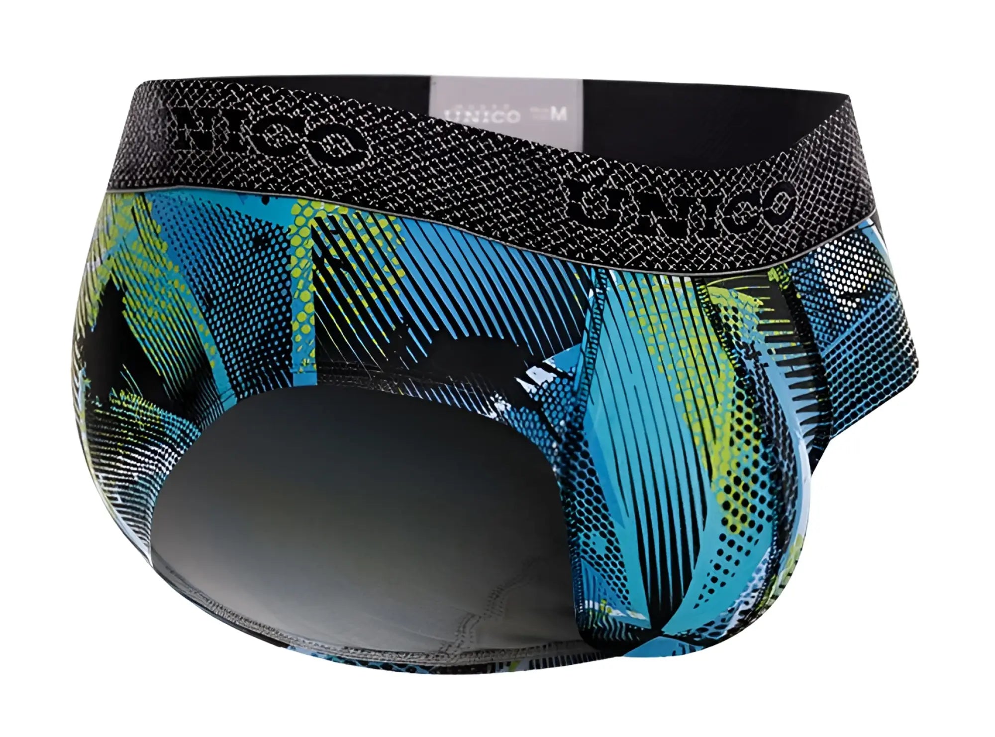 Blue and green patterned unico 24080101117 trino briefs with black waistband featuring the brand logo