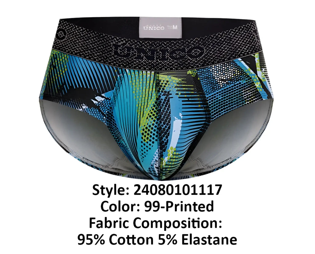 Blue and green printed unico trino briefs for men with black waistband and brand logo in color 99 printed pattern