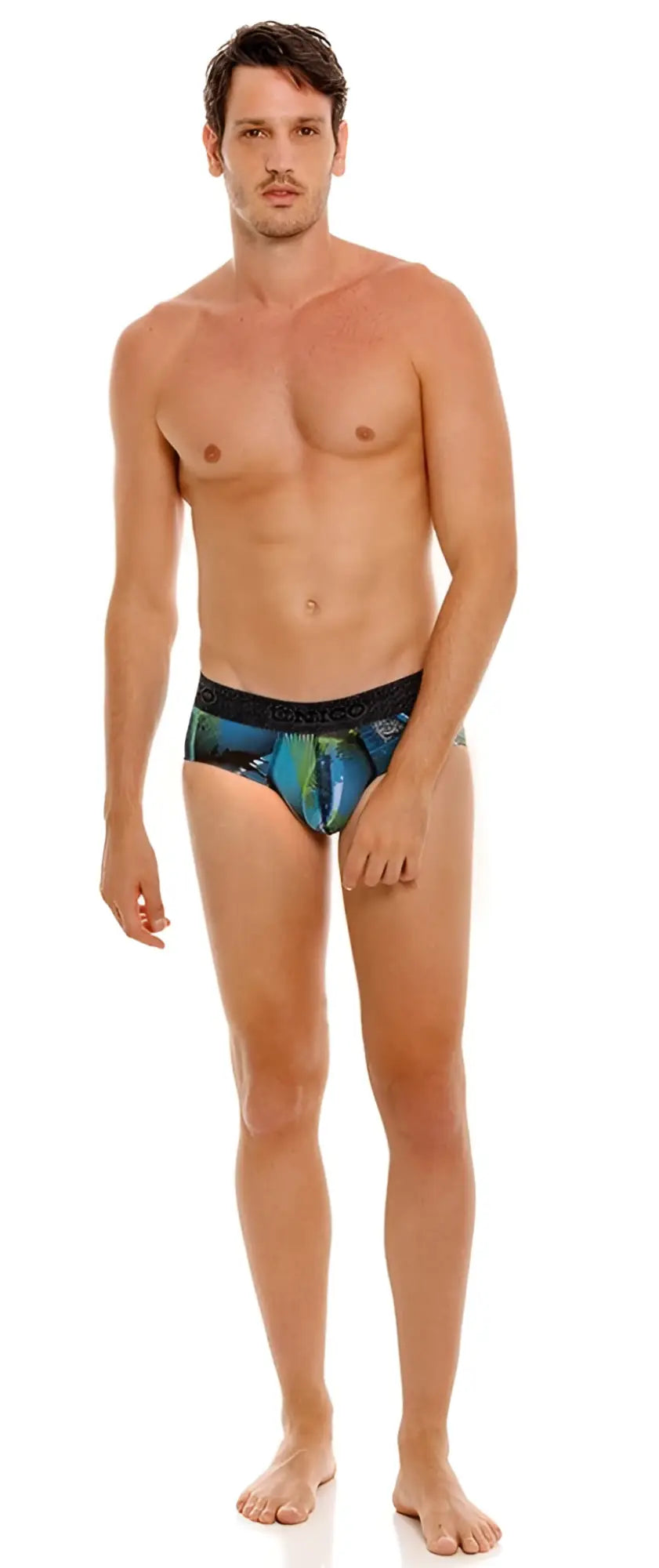Blue and green patterned men’s briefs with black elastic waistband unisex underwear for daily comfort and style