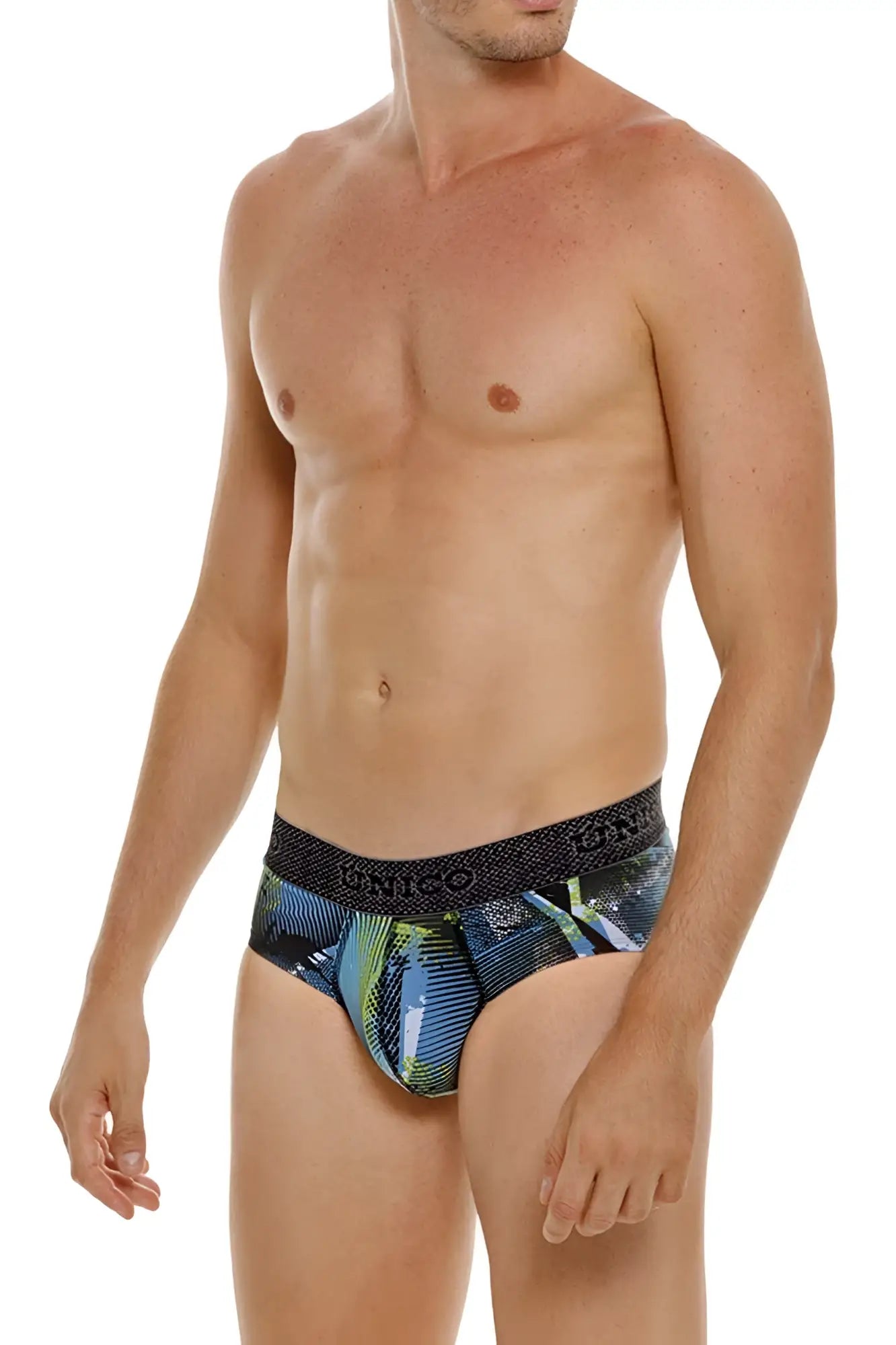 Men’s unico 24080101117 trino briefs in blue and green pattern with black ignicio waistband printed design