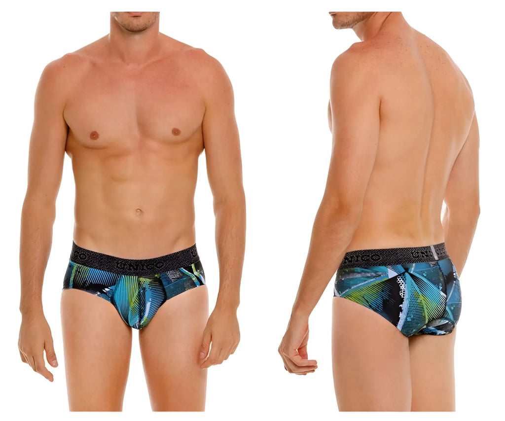 Men’s unico 24080101117 trino briefs in blue and green tropical leaf print with black elastic waistband