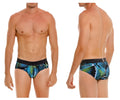 Men’s unico 24080101117 trino briefs in blue and green tropical leaf print with black elastic waistband