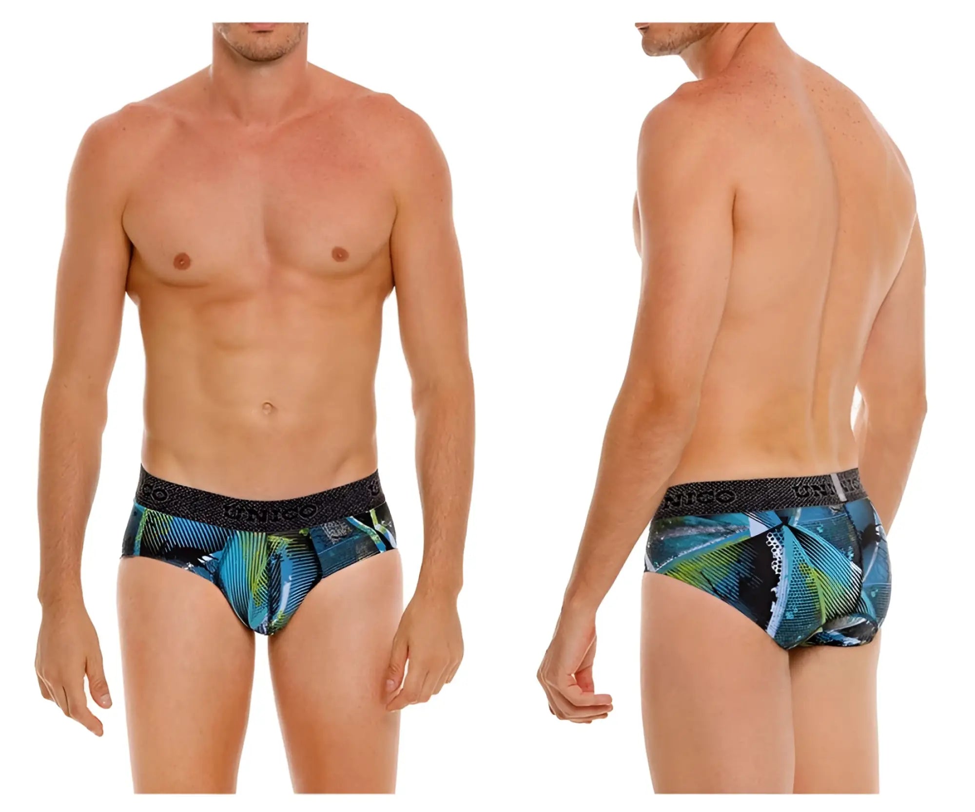 Men’s unico 24080101117 trino briefs in blue and green tropical leaf print with black elastic waistband