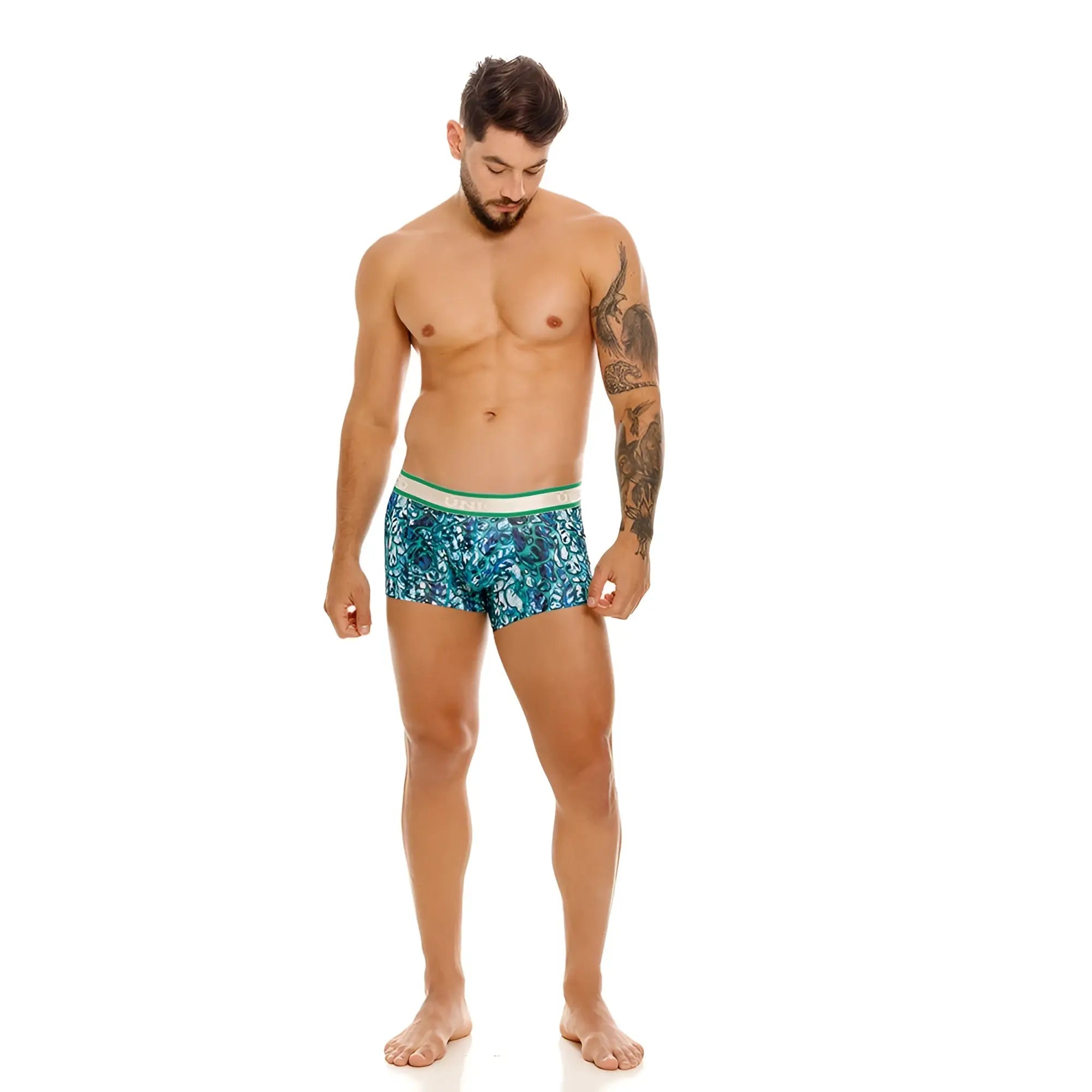 Men’s unico 24100100101 titanico trunks teal and green patterned boxer briefs with white waistband color 43-blue