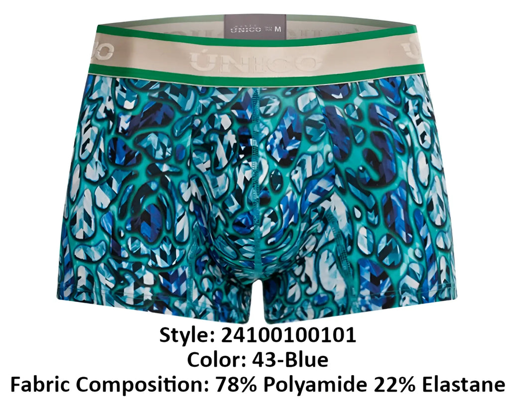 Unico 24100100101 titanico trunks color 43-blue boxer briefs with teal and navy abstract leaf pattern and green beige waistband