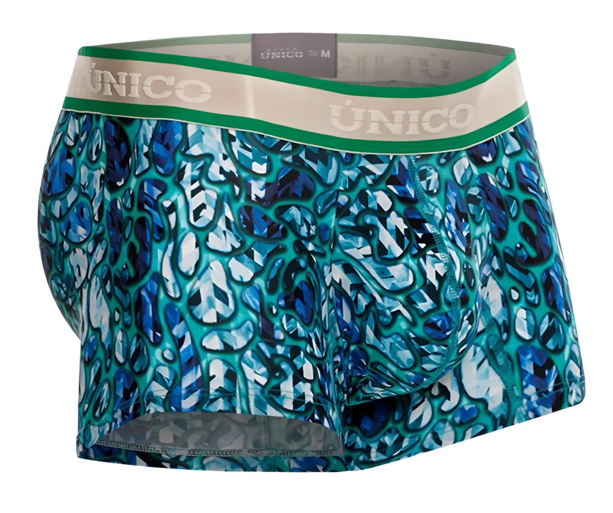 Unico 24100100101 titanico trunks color 43-blue teal and blue abstract patterned mens boxer briefs with green beige waistband
