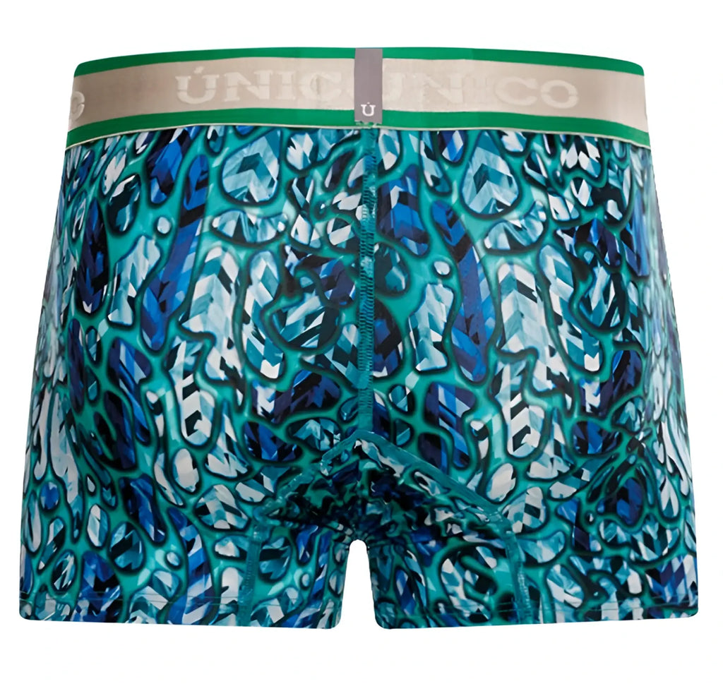 Teal and blue abstract patterned boxer briefs with a green waistband featuring the único brand name titanico trunks