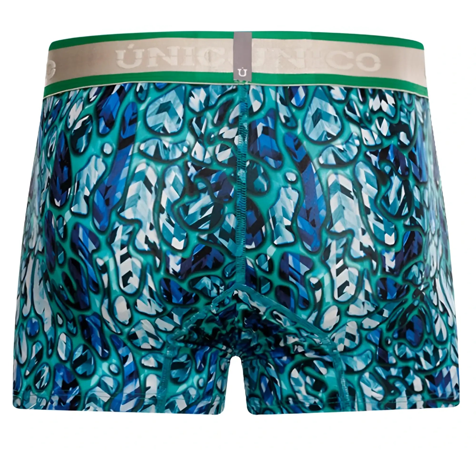 Teal and blue abstract patterned boxer briefs with a green waistband featuring the único brand name titanico trunks