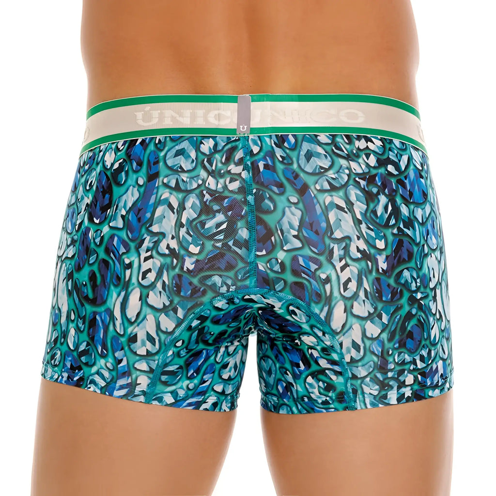 Teal and blue abstract patterned Unico 24100100101 Titanico trunks with green and white waistband