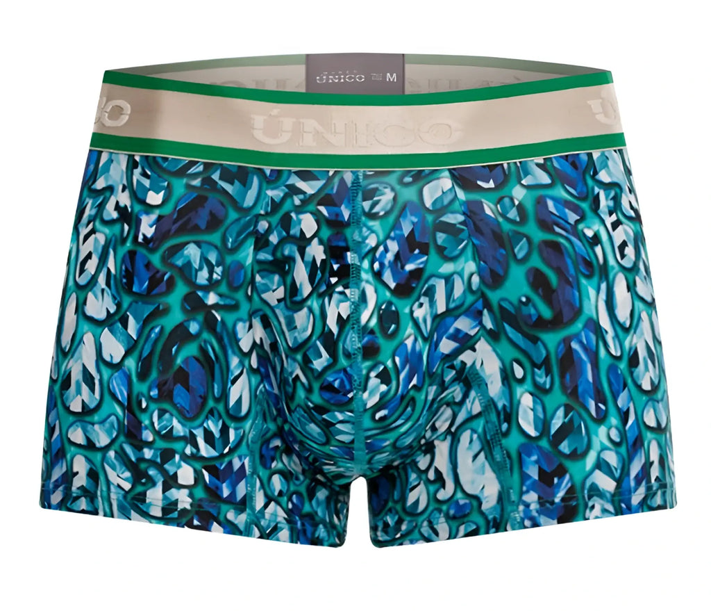 Teal and blue abstract patterned men’s boxer briefs with green and beige unico elastic waistband titanico trunks color 43-blue