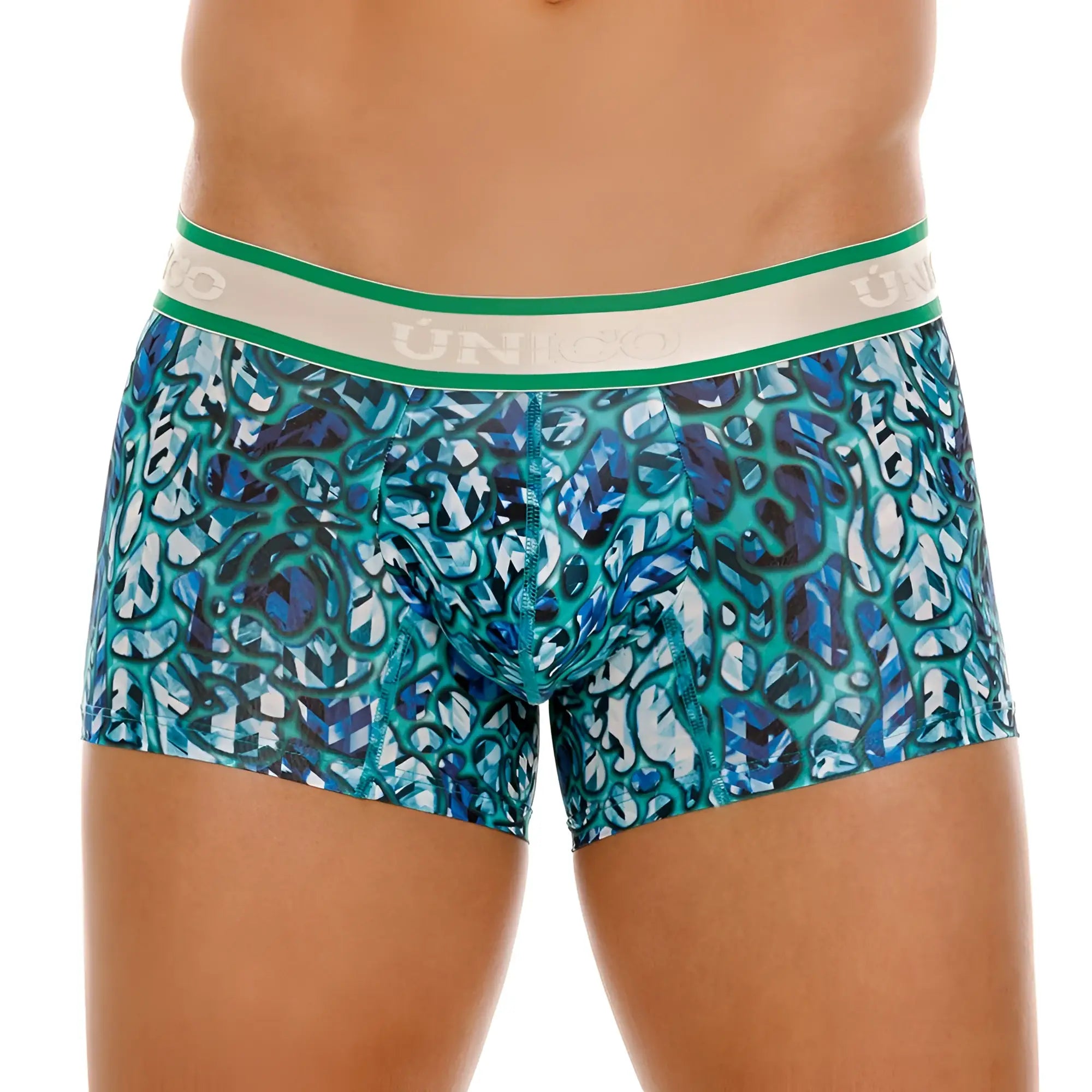 Teal and blue geometric patterned uniko boxer briefs with green and white elastic waistband from unico titanico trunks