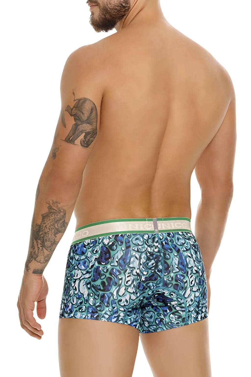 Unico titanico trunks color 43 blue blue and teal patterned boxer briefs with green and white waistband