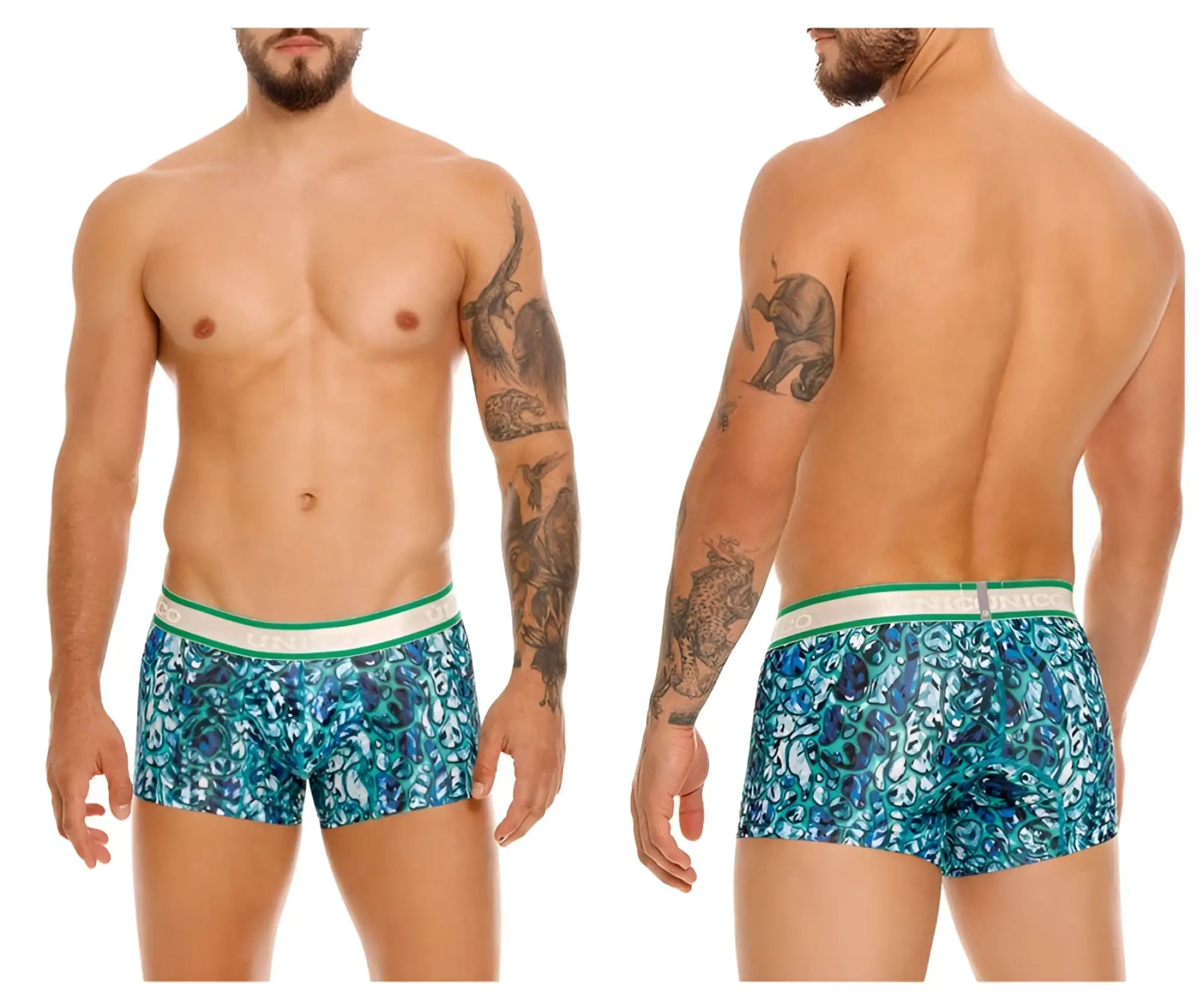 Blue and teal patterned unico titanico trunks with white elastic waistband featuring brand name