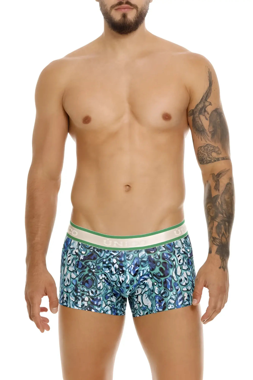 Unico 24100100101 Titanico trunks blue and white paisley patterned men’s boxer briefs with green elastic waistband