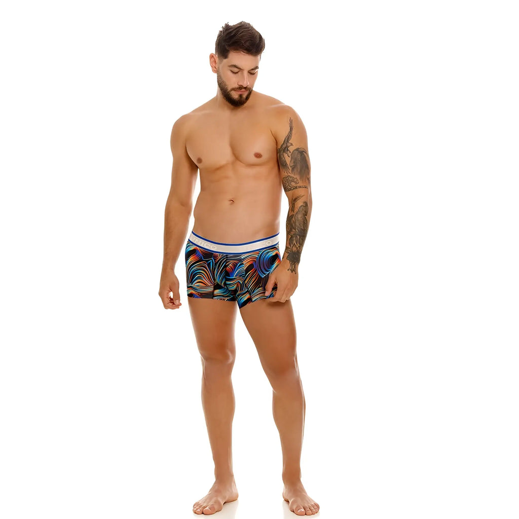 Men’s unico 24100100104 calamo trunks boxer briefs with vibrant blue orange purple wave pattern and white waistband
