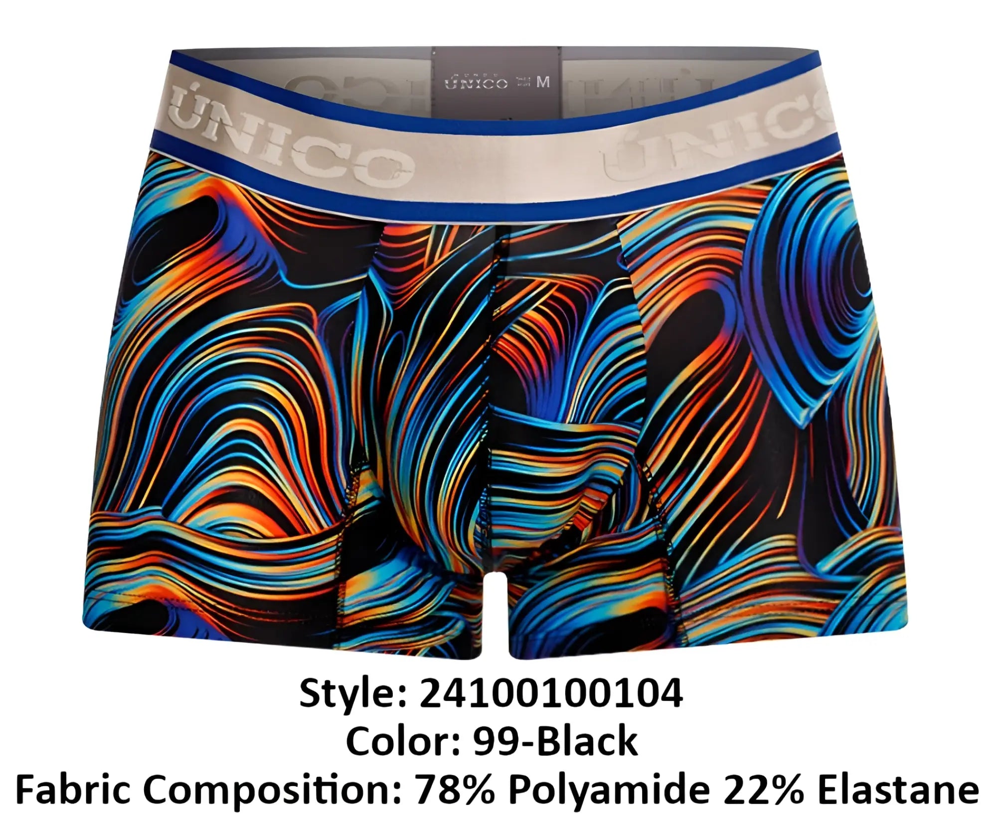 Vibrant swirling abstract patterned unico 24100100104 calamo trunks in black with blue orange red streaks on stretchy waistband
