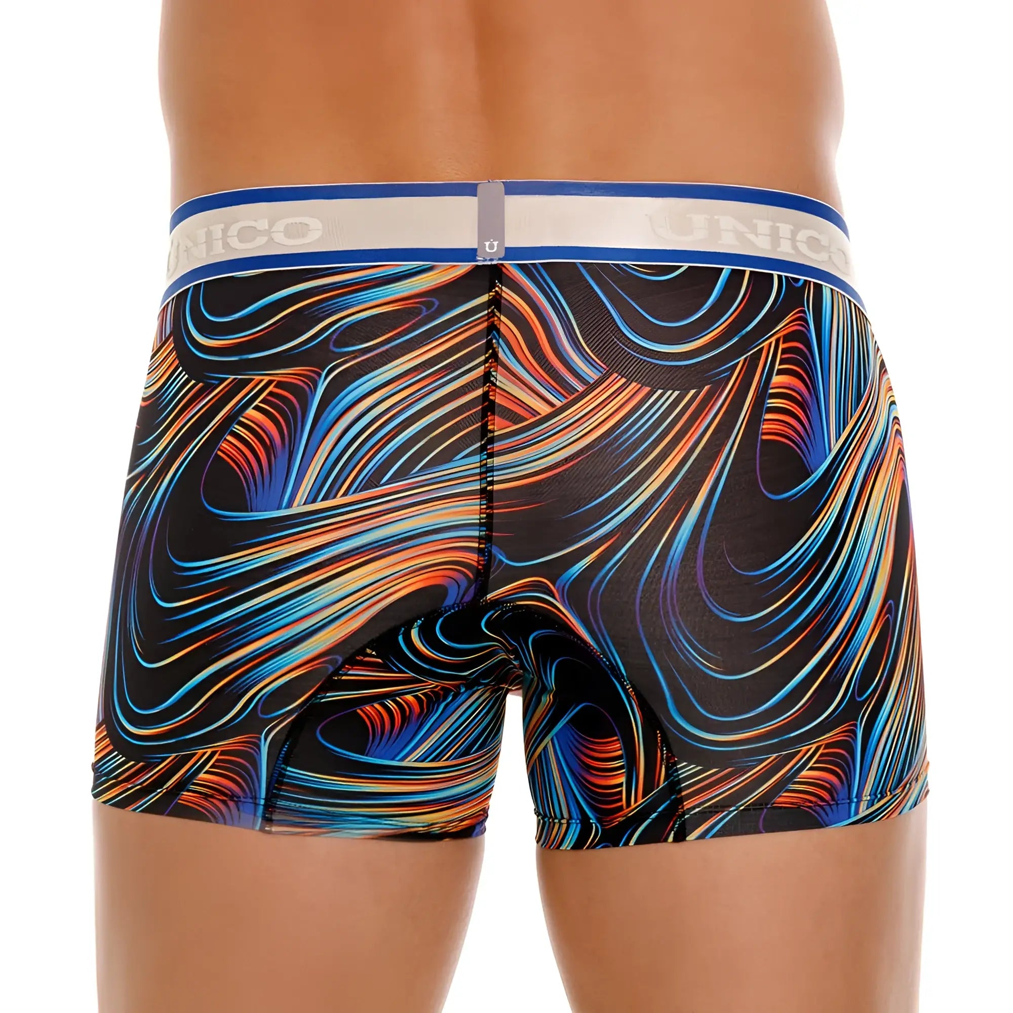 Unico 24100100104 Calamo trunks with vibrant black blue orange and red swirl print and white blue waistband