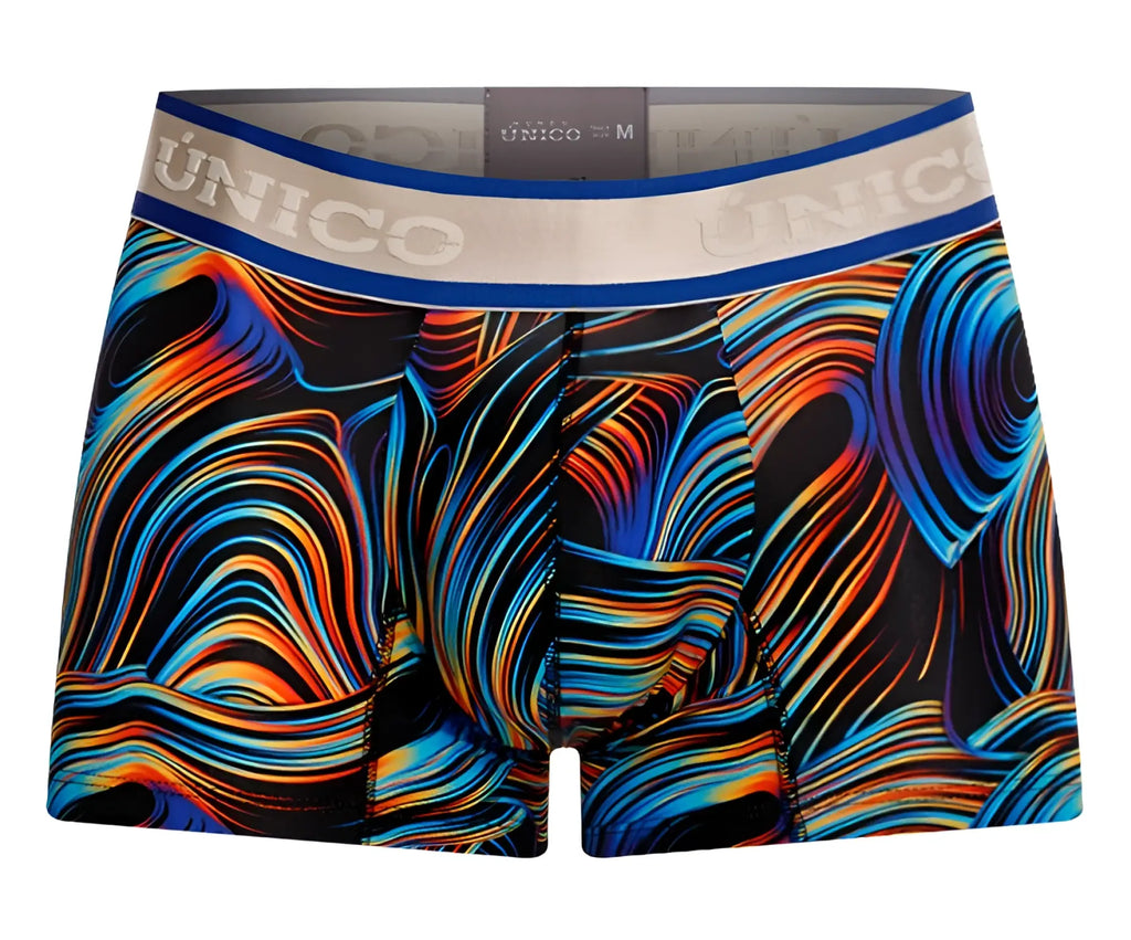 Unico 24100100104 calamo trunks color 99 black vibrant abstract swirl patterned men’s boxer briefs with branded waistband