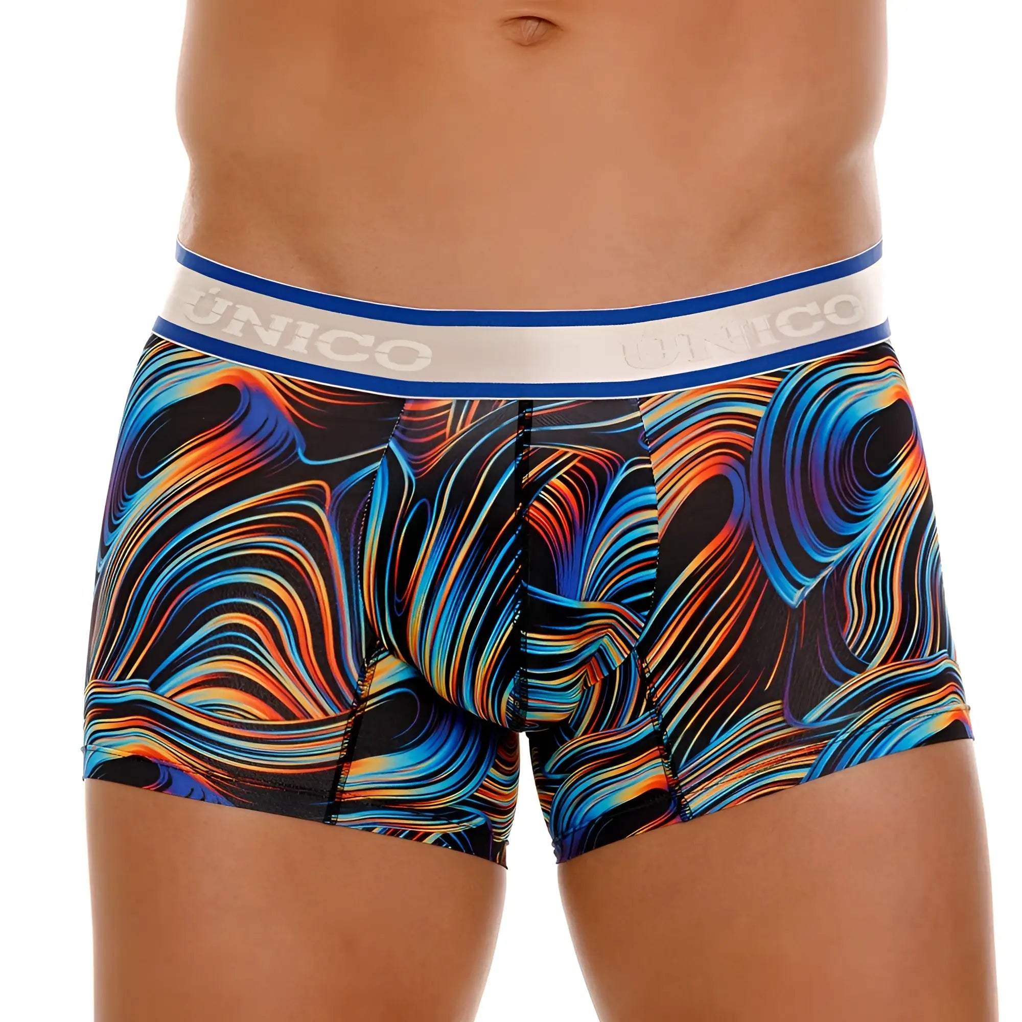 Unico 24100100104 Calamo trunks featuring vibrant swirl-patterned men’s boxer briefs in blue orange yellow on black