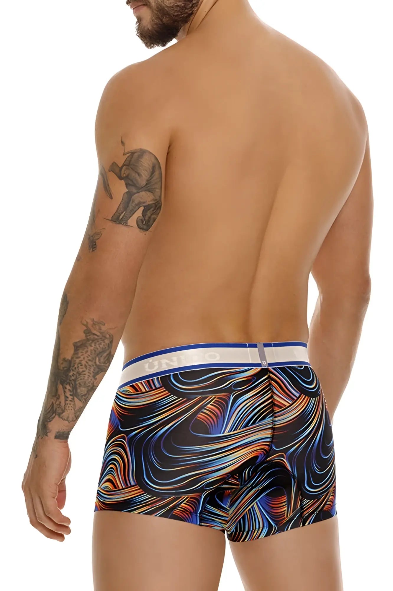 Unico 24100100104 calamo trunks featuring vibrant abstract swirl-patterned boxer briefs in bold blues oranges and reds with white waistband