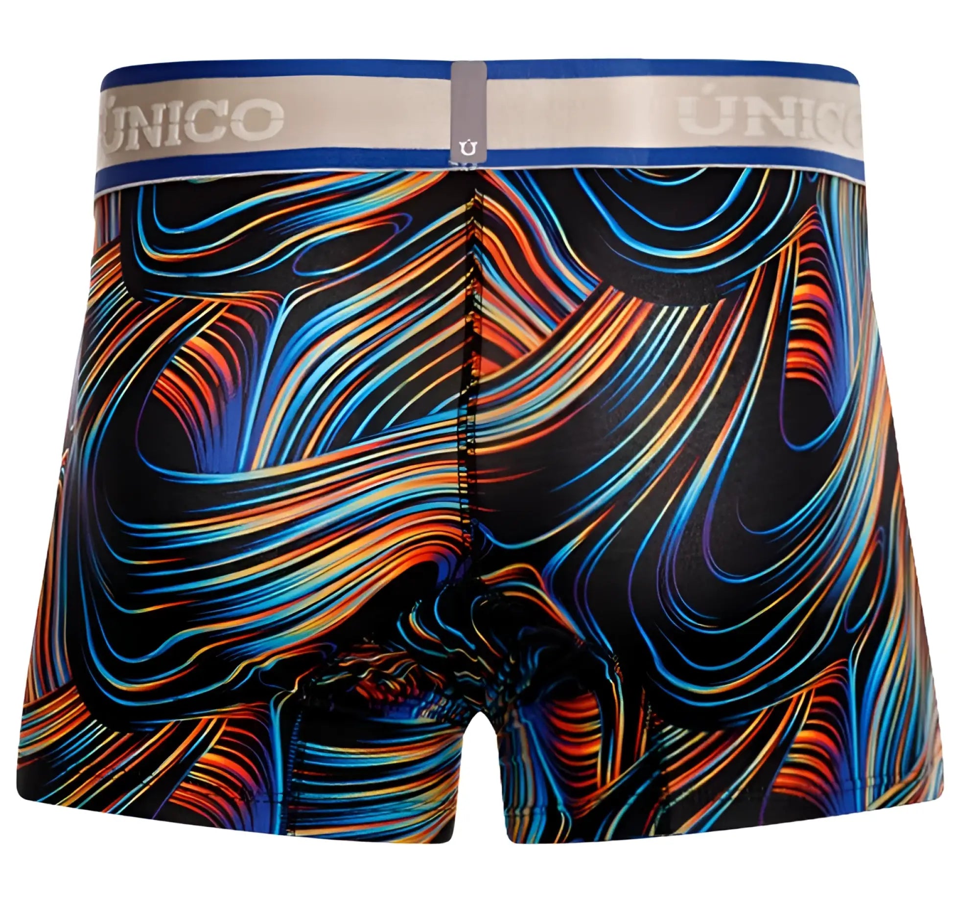 Unico 24100100104 calamo trunks vibrant abstract swirl-patterned men’s boxer briefs in bold blue orange and red on black