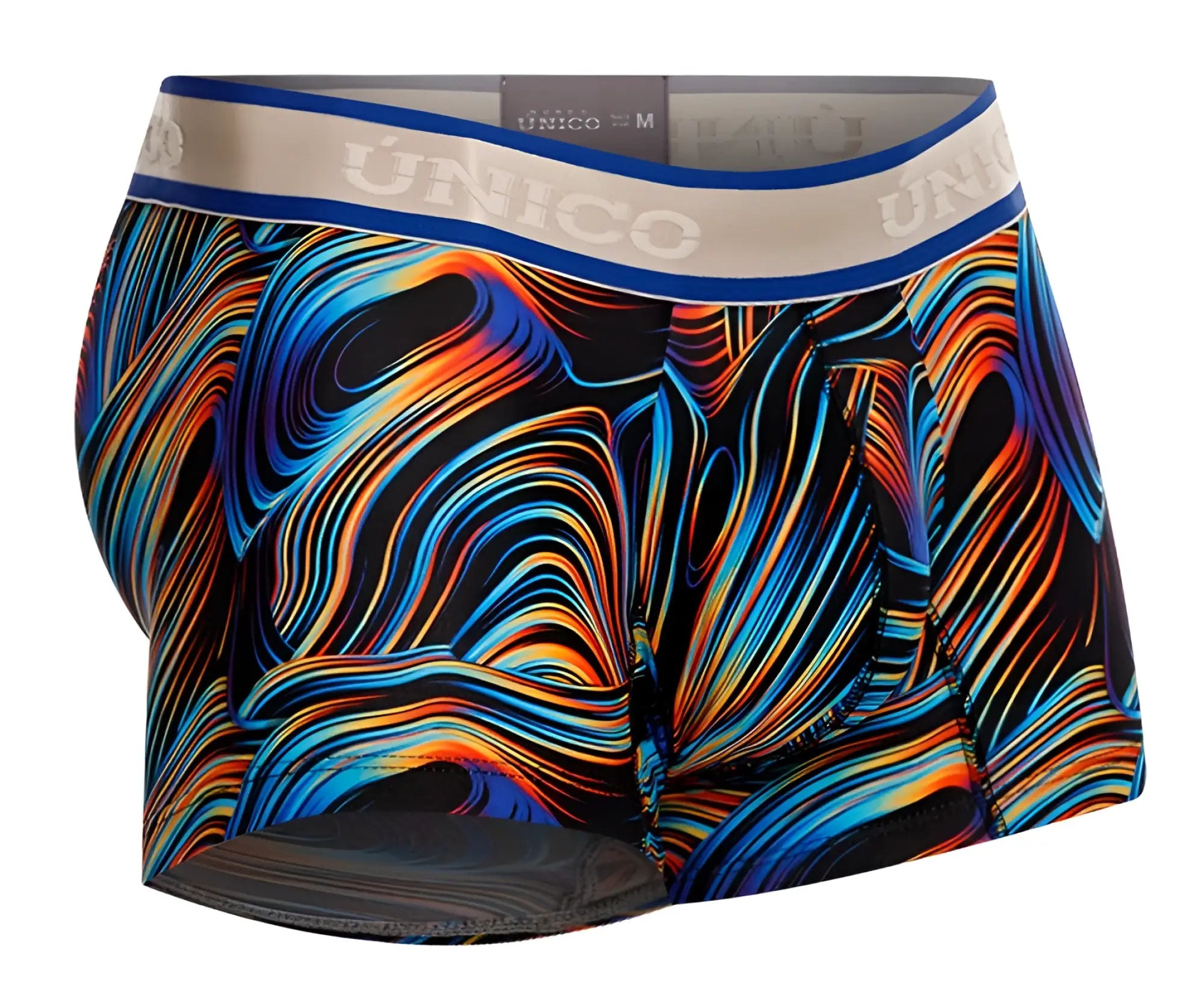 Vibrant abstract swirl patterned unico 24100100104 calamo trunks in bold blue orange black with beige waistband