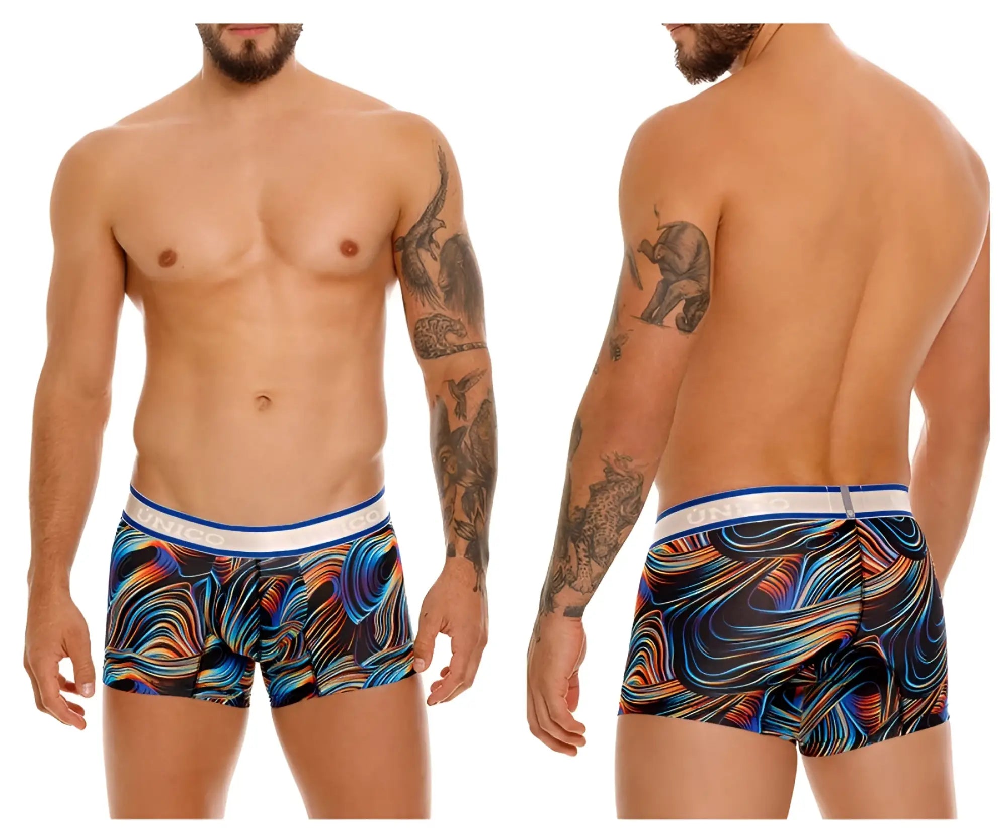 Unico 24100100104 Calamo trunks vibrant wave pattern boxer briefs in bold blues oranges purples with white waistband