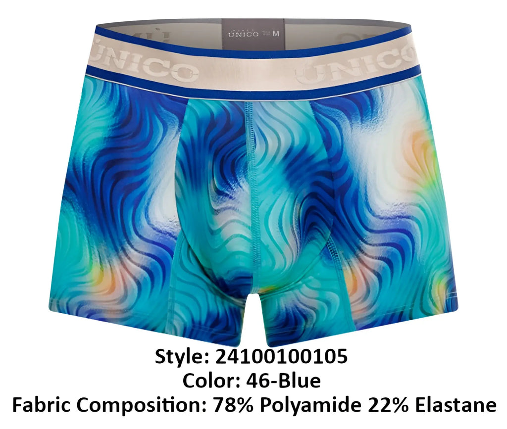Unico moscatel trunks in blue feature teal abstract wave-patterned boxer briefs with branded elastic waistband