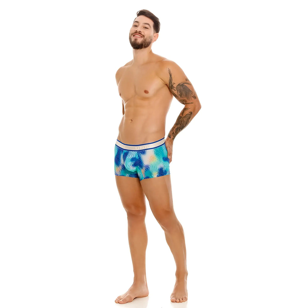 Unico 24100100105 moscatel trunks blue patterned boxer briefs with teal design and white waistband front view