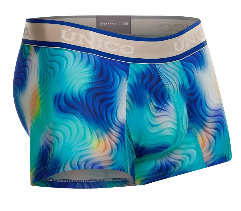 Unico 24100100105 moscatel trunks men’s boxer briefs with blue and teal wave pattern and beige waistband