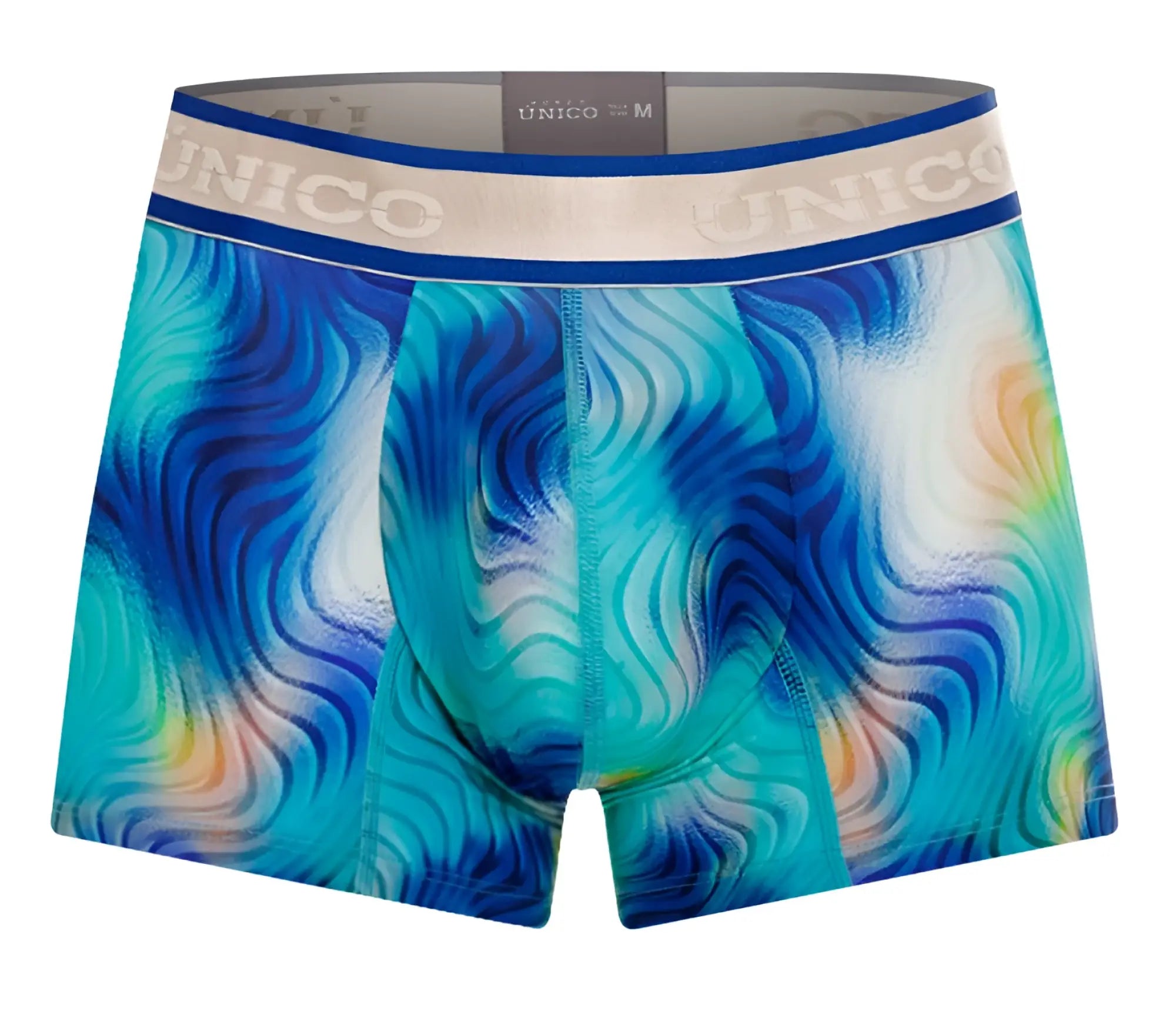 Unico 24100100105 moscatel trunks men’s boxer briefs with blue and teal wave pattern and navy waistband