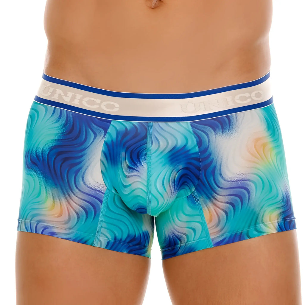 Unico 24100100105 Moscatel trunks blue men’s boxer briefs with blue and teal wave pattern and white waistband logo