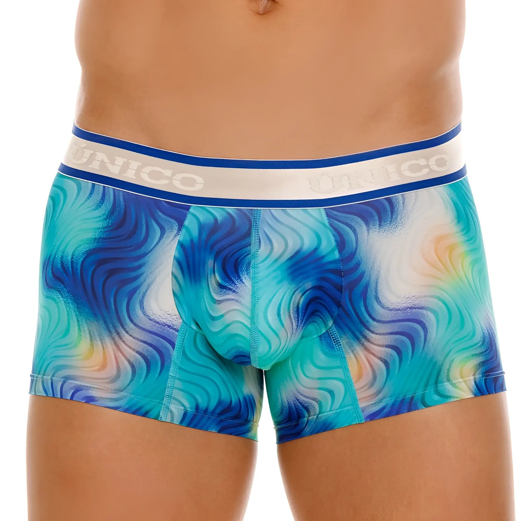Unico 24100100105 Moscatel trunks blue men’s boxer briefs with blue and teal wave pattern and white waistband logo