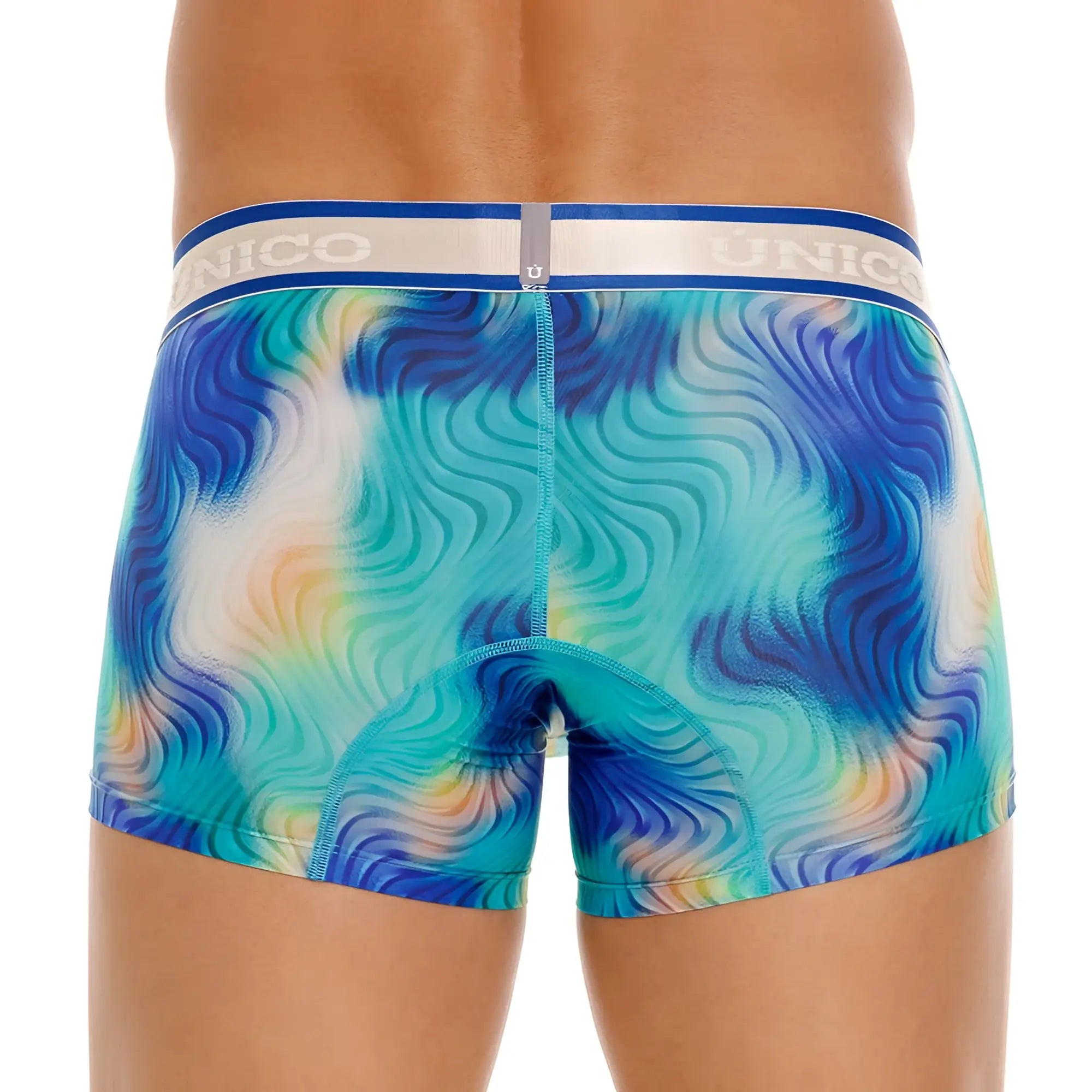 Blue teal and yellow wavy patterned unico men’s boxer briefs with white waistband and unico logo in color 46-Blue
