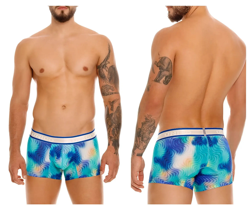 Unico 24100100105 Moscatel trunks in blue with turquoise wave pattern and white waistband featuring brand name