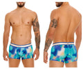 Unico 24100100105 Moscatel trunks in blue with turquoise wave pattern and white waistband featuring brand name