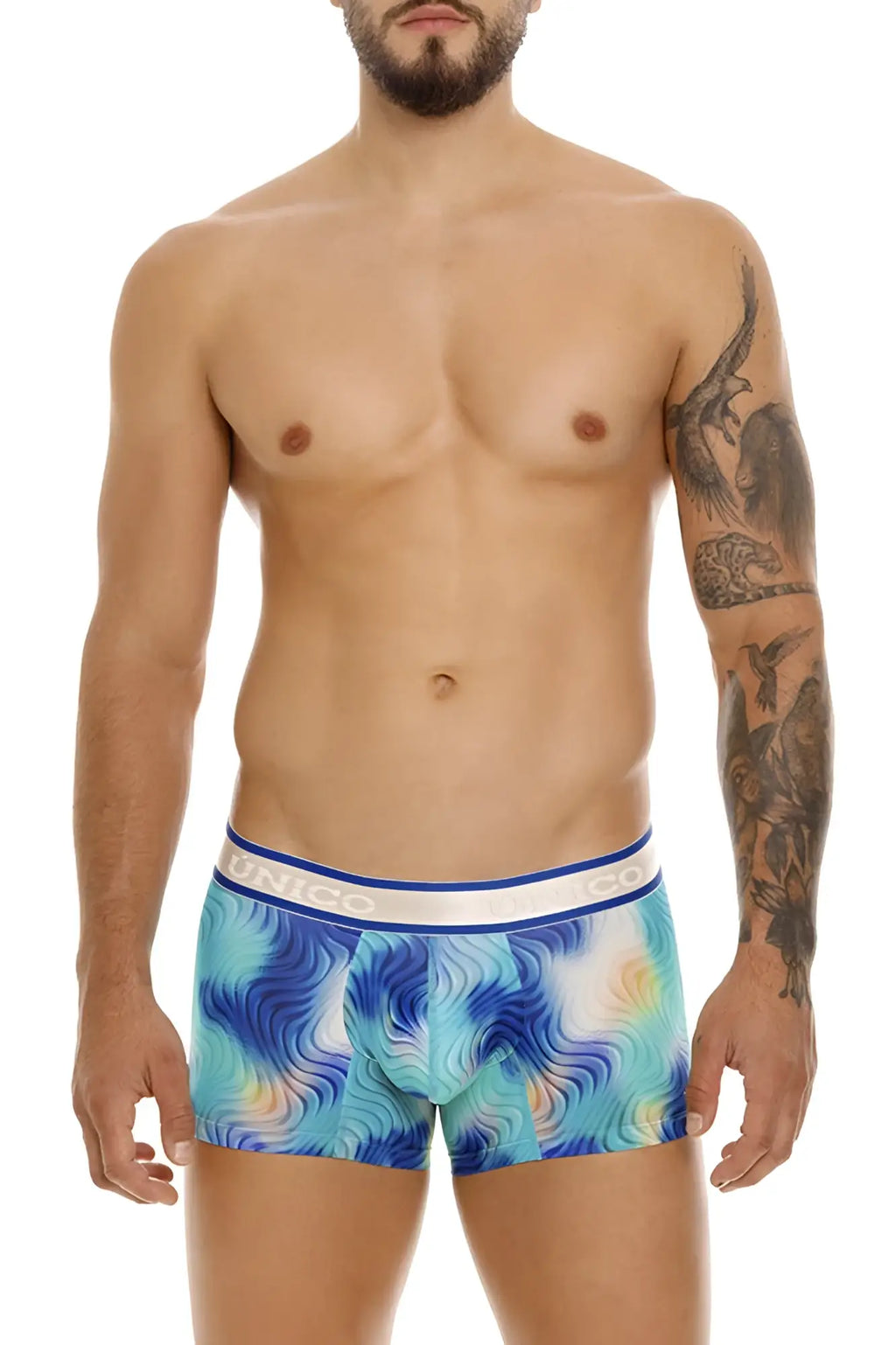Blue and turquoise abstract wave patterned Unico 24100100105 Moscatel trunks with white elastic waistband