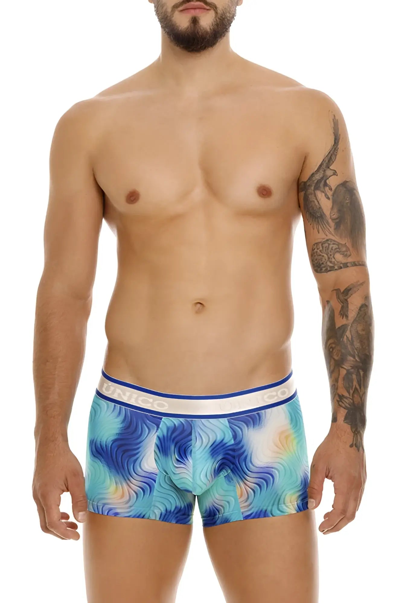 Blue and turquoise abstract wave patterned Unico 24100100105 Moscatel trunks with white elastic waistband