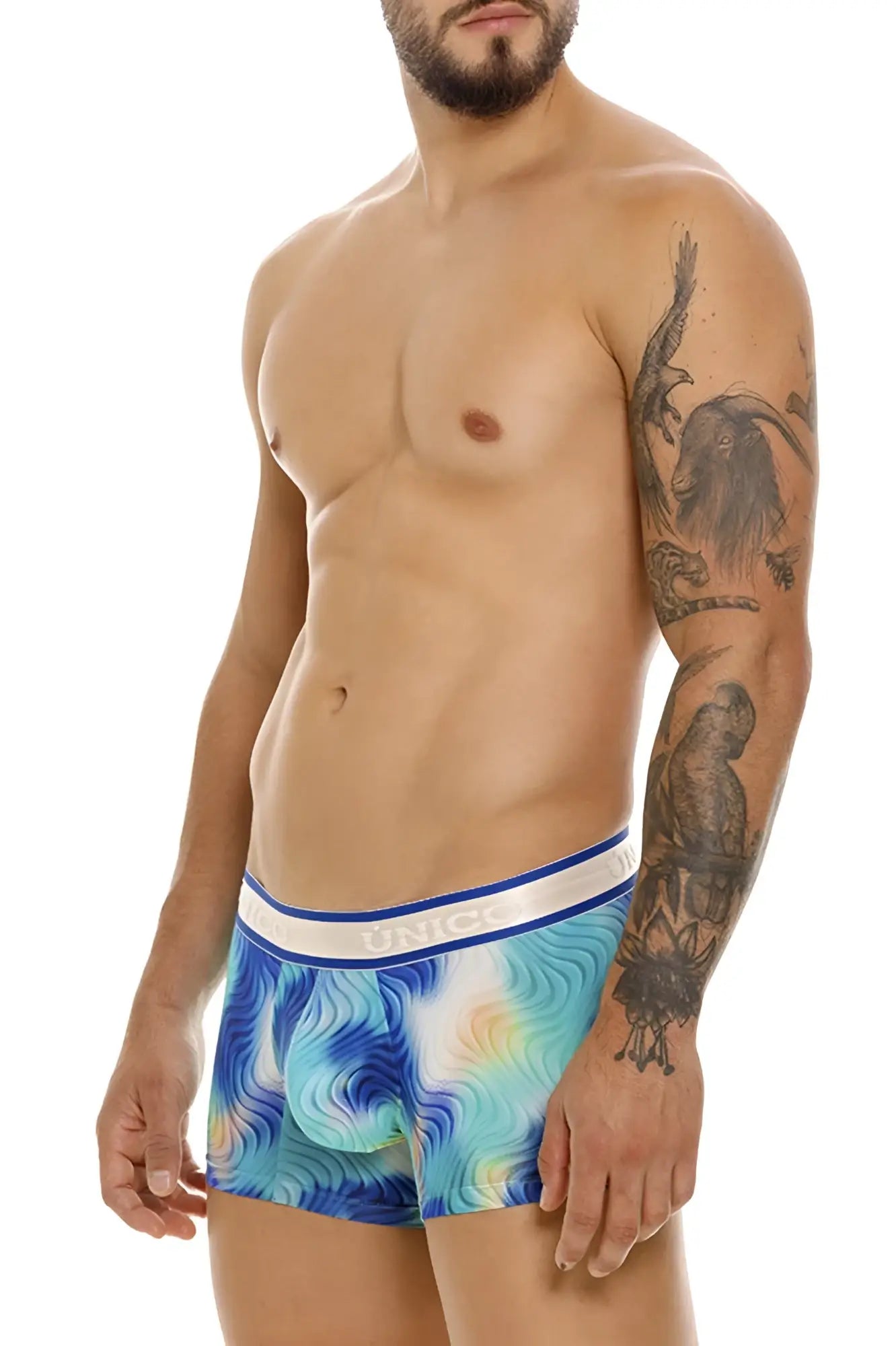 Blue and white patterned men’s boxer briefs with swirling oceanic design unico 24100100105 moscatel trunks color 46-blue