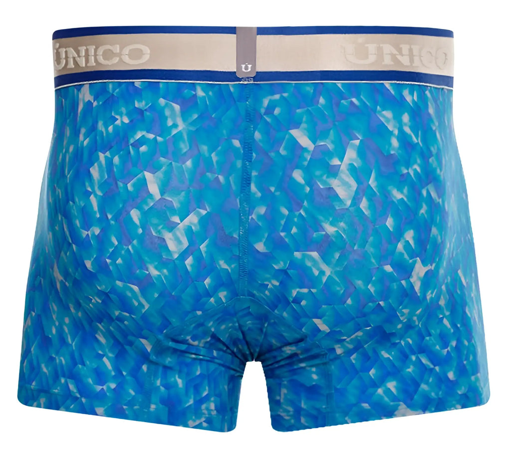 Unico 24100100106 palindromo trunks in blue feature patterned boxer briefs with geometric design and elastic waistband