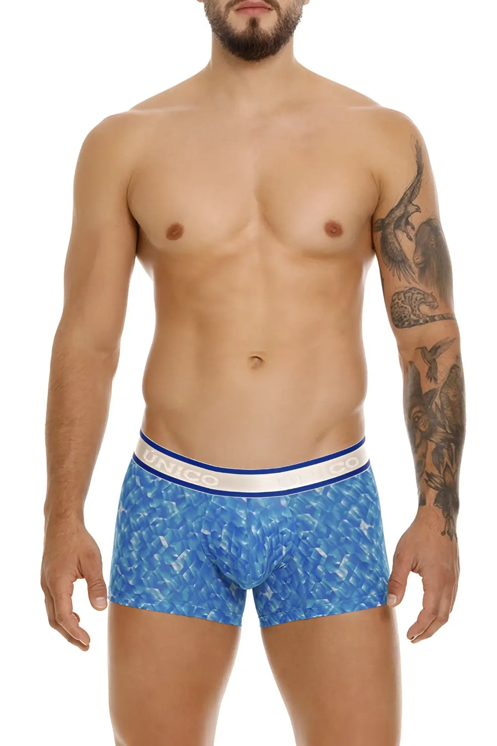 Blue patterned Unico 24100100106 Palindromo trunks with white and blue elastic waistband featuring the brand name
