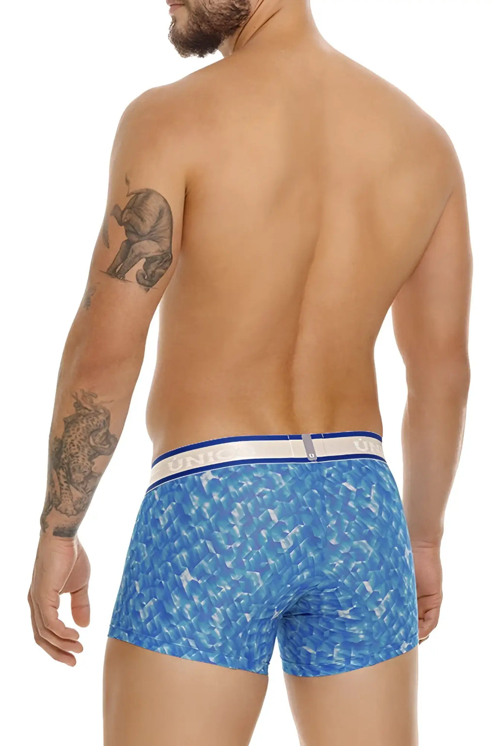 Blue patterned Unico Palindromo trunks with white and blue elastic waistband for comfortable everyday wear